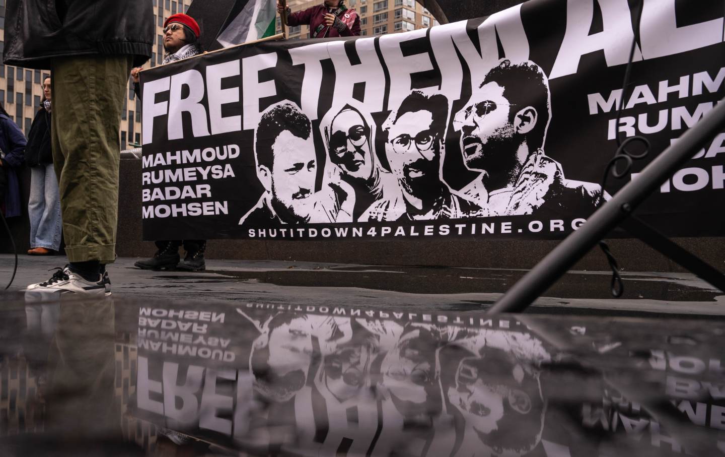 Pro-Palestinian activists rally for Mohsen Mahdawi and protest against deportations outside of ICE Headquarters on April 15, 2025 in New York City.