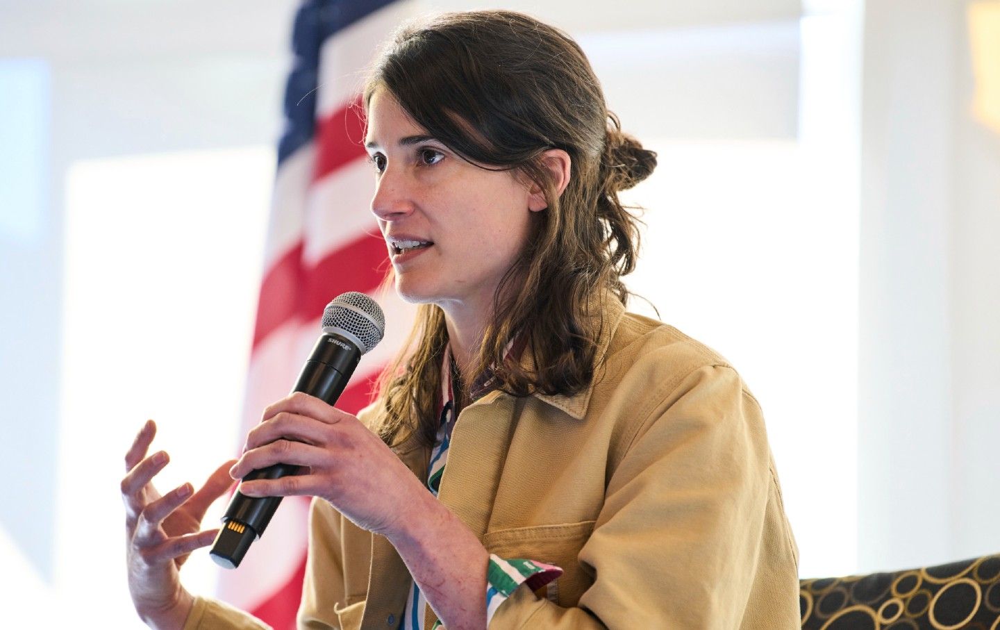 Representative Marie Gluesenkamp Perez speaks during a town hall event at Centralia College, on April 22, 2025, in Centralia, Washington.
