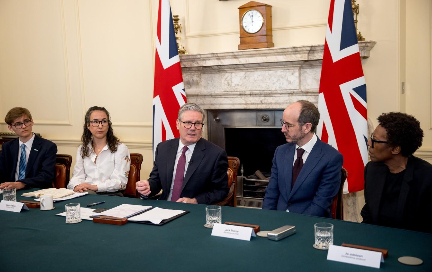 British Prime Minister Keir Starmer holds a roundtable meeting on adolescent safety with creators of the television show Adolescence, and Sarah Simpkin from the Children's Society on March 31, 2025, in London, United Kingdom.