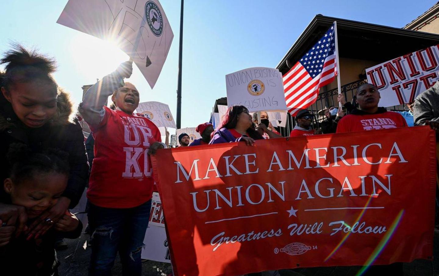 Dozens of Starbucks employees and union supporters protested alleged anti-union tactics by the company outside a Kansas City Starbucks on March 3, 2022.