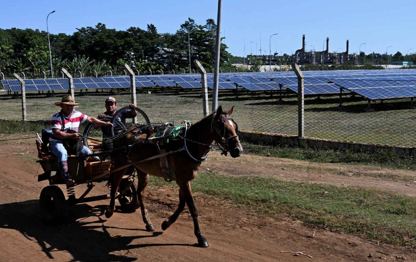 A horse-drawn carriage passes a photovoltaic park in Yaguaramas, Cienfuegos Province, Cuba, where hundreds of workers are hastily installing 44,000 solar panels.