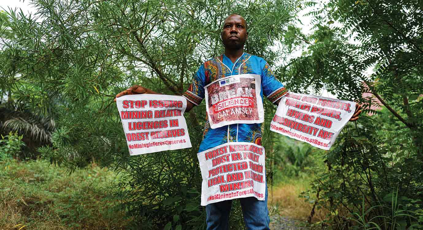 Environmental activist Bobby Bright protests against the illegal mining known locally as galamsey, in Accra, Ghana.
