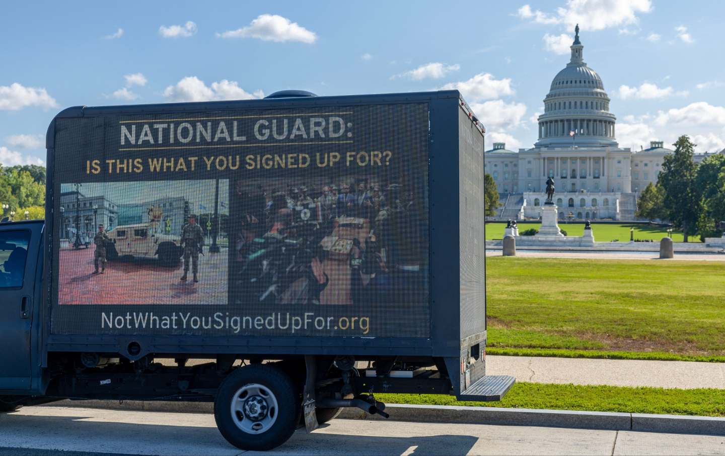 Win Without War mobile billboard drives near the US Capitol on September 9, 2025, in Washington, DC.