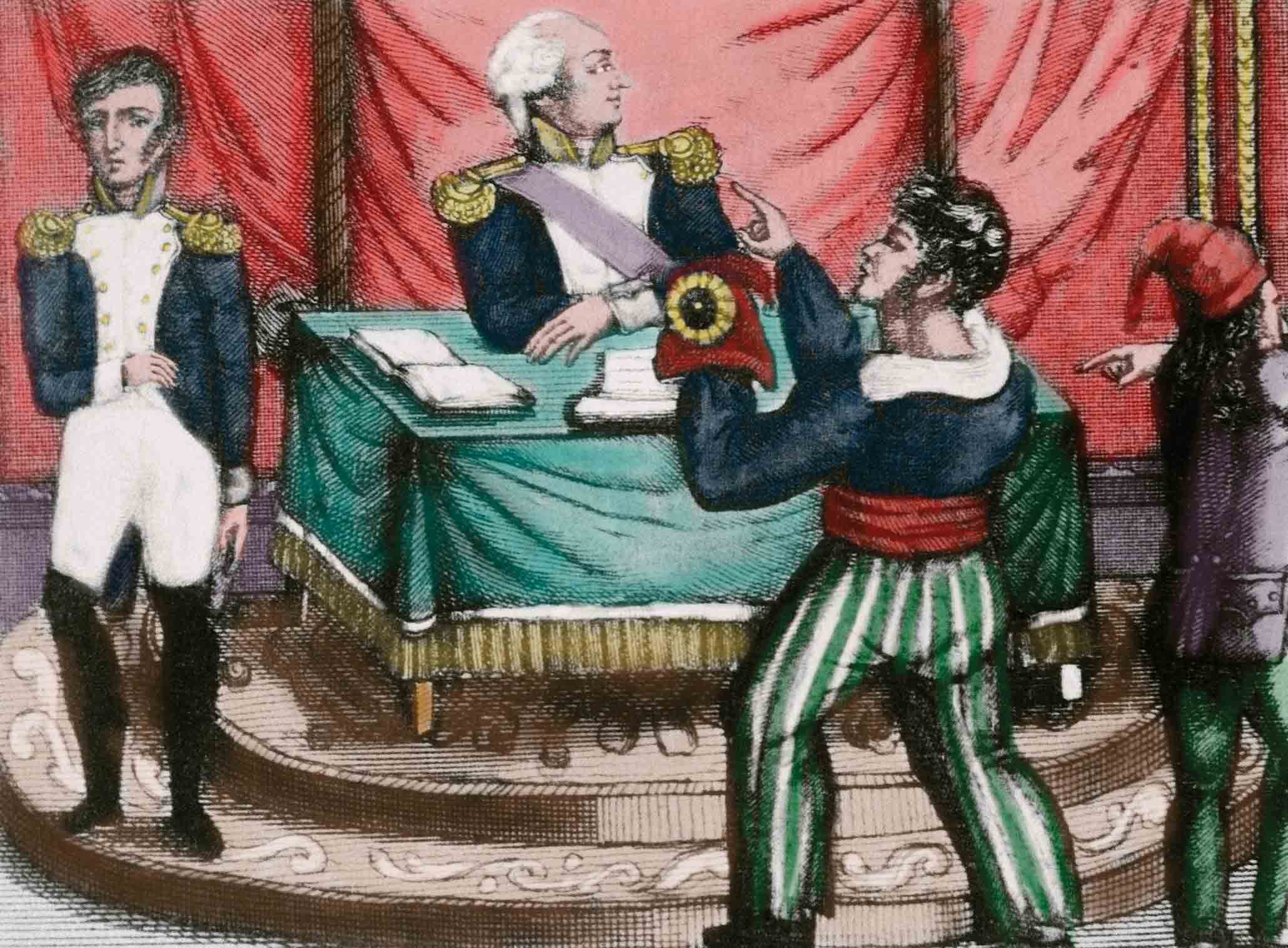 An engraving depicting a sansculottes offering a Phrygian cap to King Louis XVI.