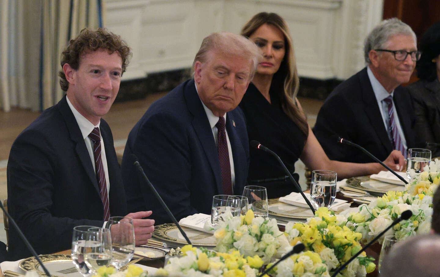 Mark Zuckerberg speaks as Donald Trump, Melania Trump, and Bill Gates listen during a dinner at the White House on September 4, 2025, in Washington, DC.