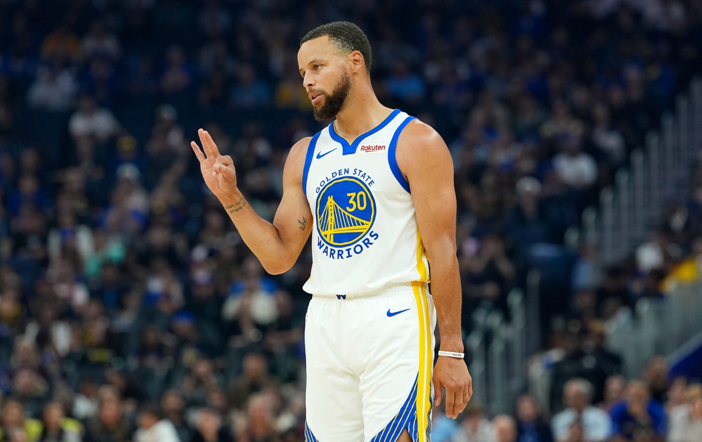 Stephen Curry #30 of the Golden State Warriors looks on against the Los Angeles Lakers during the first half of an NBA preseason basketball game at Chase Center on October 5, 2025, in San Francisco, California.