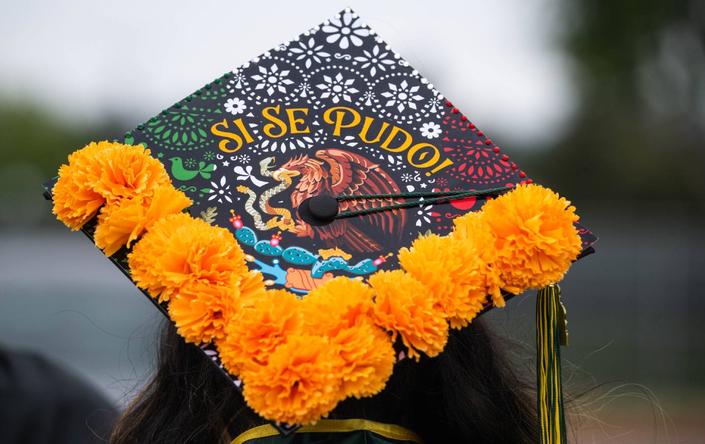 A graduate of Los Angeles Valley Colleges wears a design on her graduation cap that writes, 
