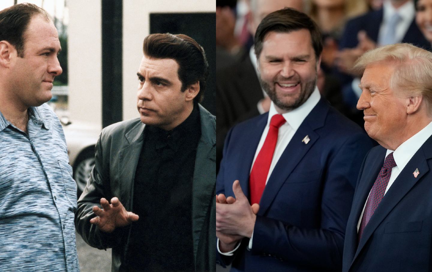 Left: Tony Soprano (James Gandolfini) consults his adviser, Silvio Dante (Steven Van Zandt) in The Sopranos. Right: President Donald Trump and Vice President JD Vance attend the presidential Inauguration.
