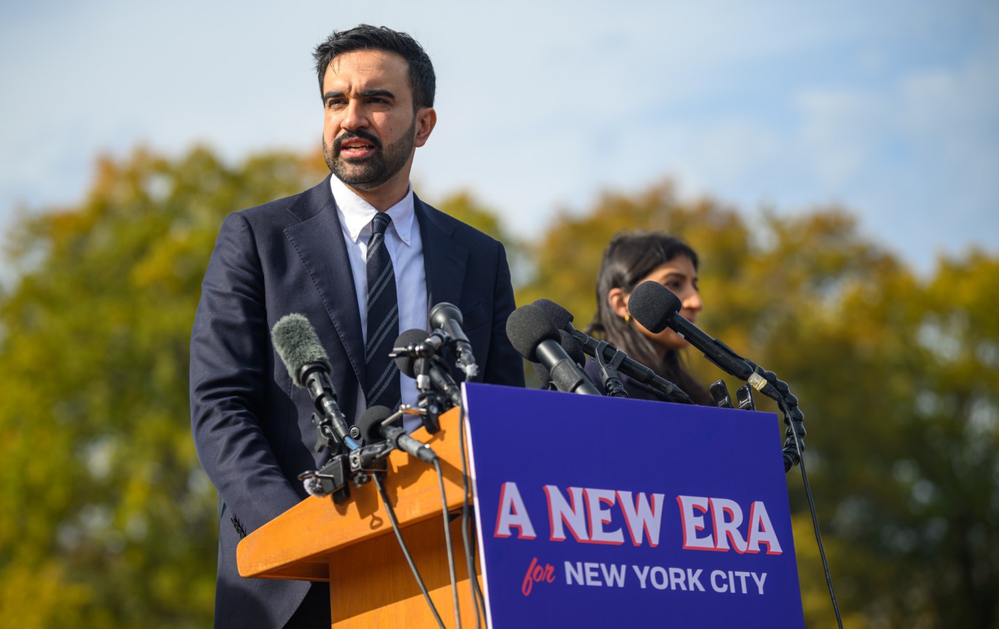 Mayor-Elect Zohran Mamdani speaks during a press conference at the Unisphere on November 05, 2025 in the Queens borough of New York City.