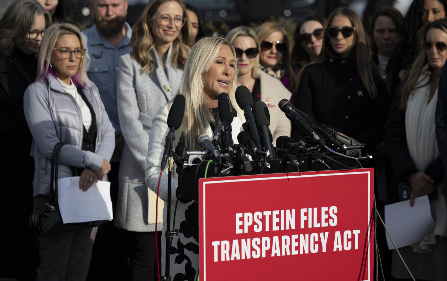 Representative Marjorie Taylor Greene speaks during the press conference on the Epstein Files Transparency Act with the Epstein abuse survivors in Washington, DC, on November 18, 2025.