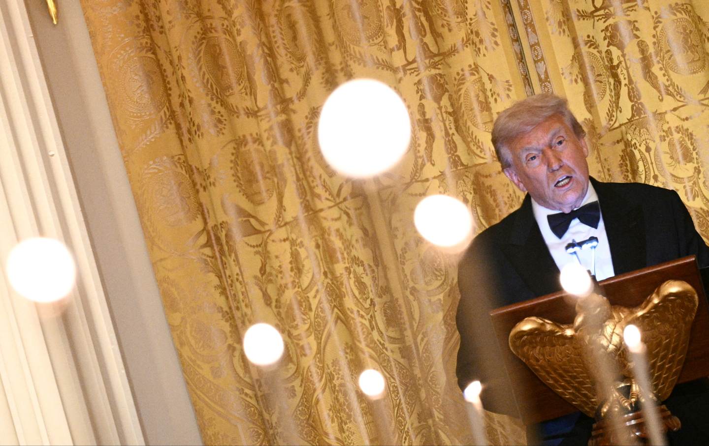 President Donald Trump speaks during a state dinner with Crown Prince and Prime Minister of the Kingdom of Saudi Arabia Mohammed bin Salman in the East Room of the White House in Washington, DC, November 18, 2025.