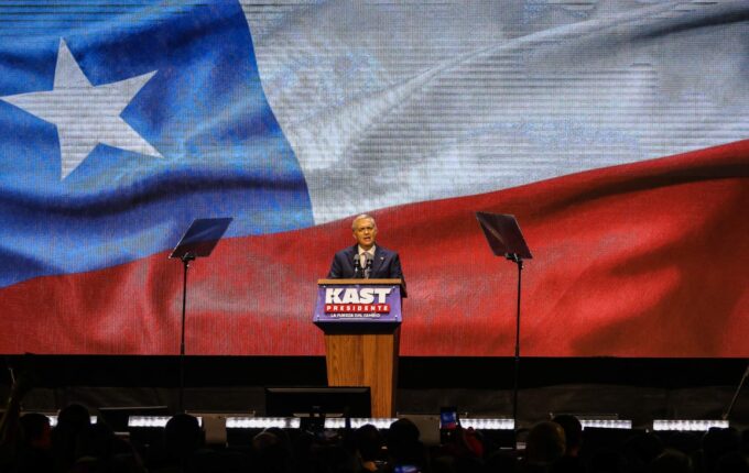 Jose Antonio Kast delivers a speech in front of his supporters after being elected.