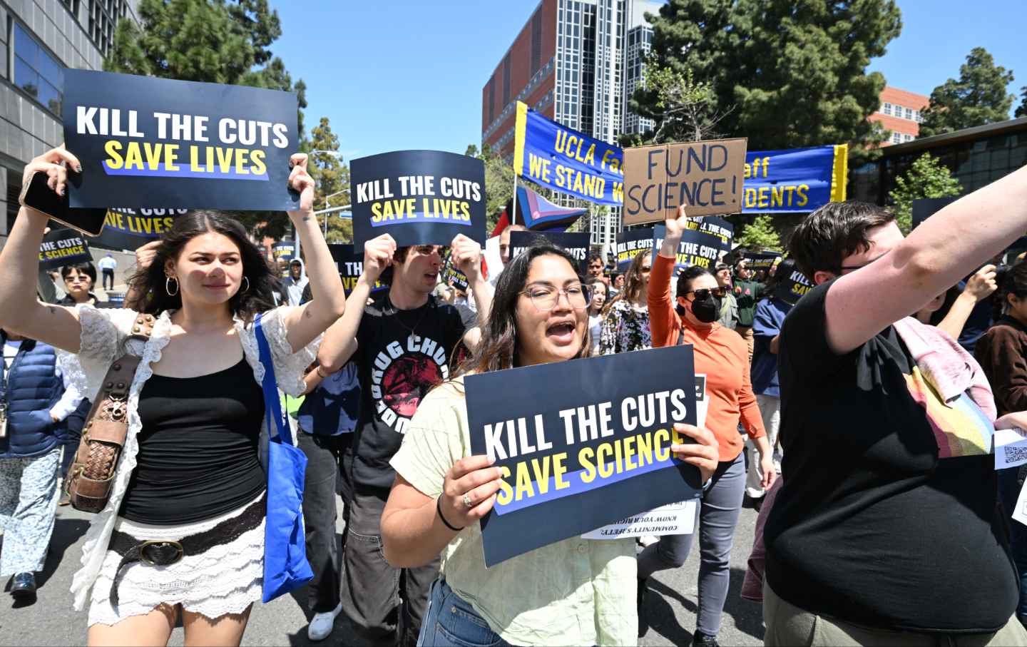 Students, researchers and demonstrators rally during a Kill the Cuts protest against the Trump administration's funding cuts on research, health, and higher education at the University of California–Los Angeles on April 8, 2025.