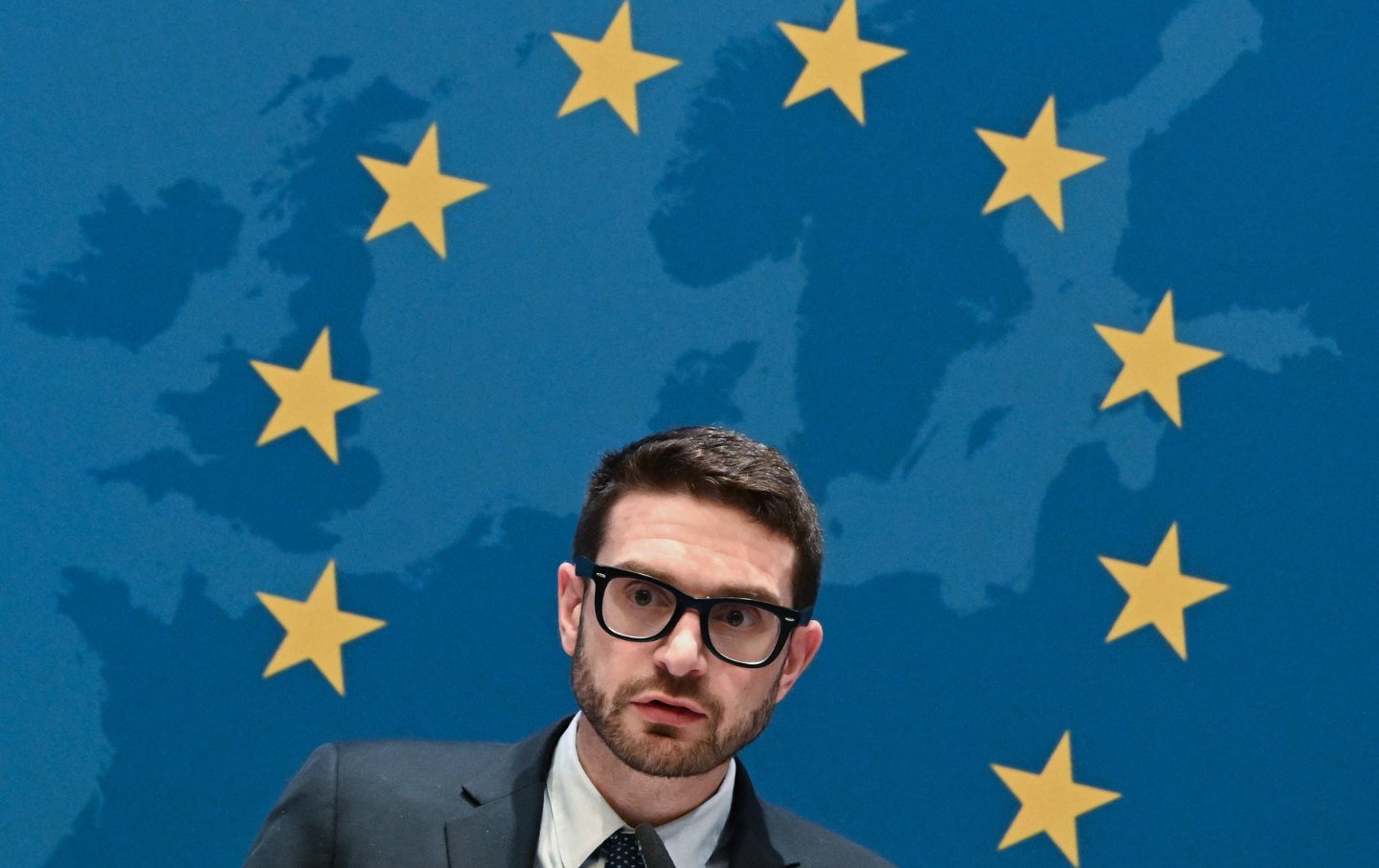 US investor and philanthropist Alexander Soros, son of Hungarian-US investor and philanthropist George Soros, speaks during a ceremony to accept on behalf of his father the 2025 Civil Rights Prize of the Sinti and Roma, on October 23, 2025, in Berlin, Germany.