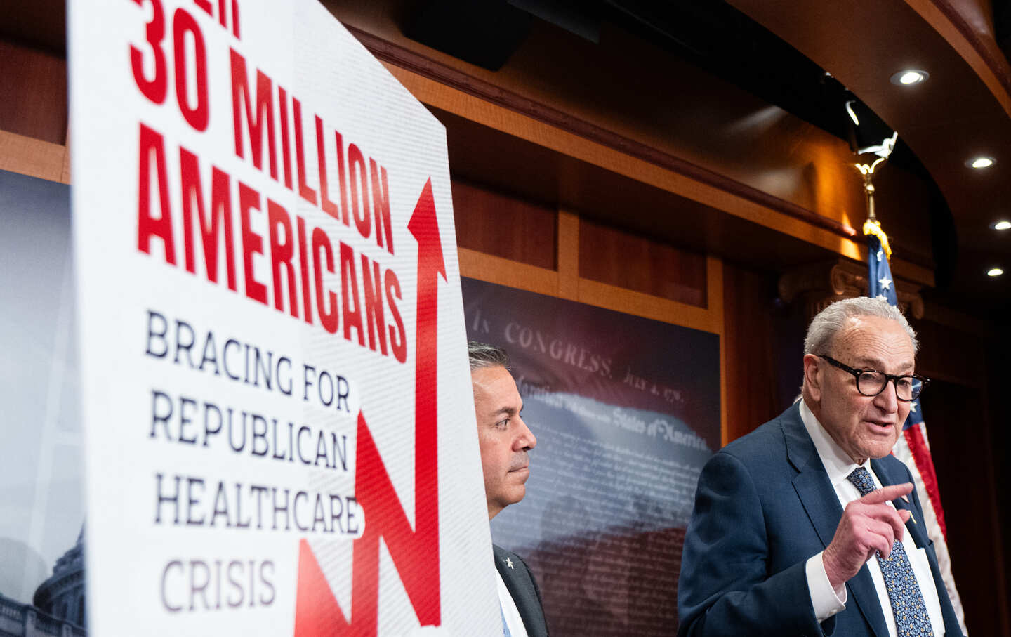 Senate minority leader Chuck Schumer speaks during the Senate Democrats’ news conference on extending expiring Affordable Care Act tax credits in the US Capitol on December 4, 2025.
