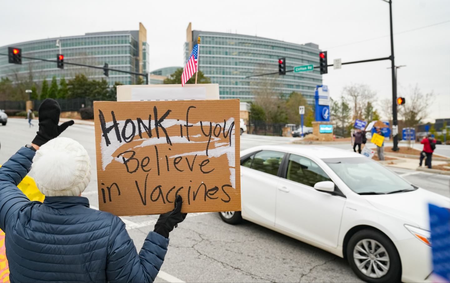 Demonstrators outside the Center for Disease Control (CDC) headquarters in Atlanta, Georgia, US, on Thursday, Dec. 4, 2025.