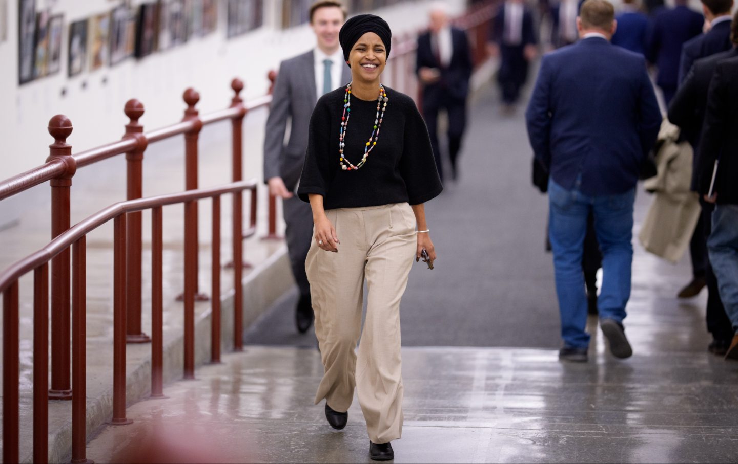 Representative Ilhan Omar (D-MN) walks toward the Capitol on December 10, 2025.