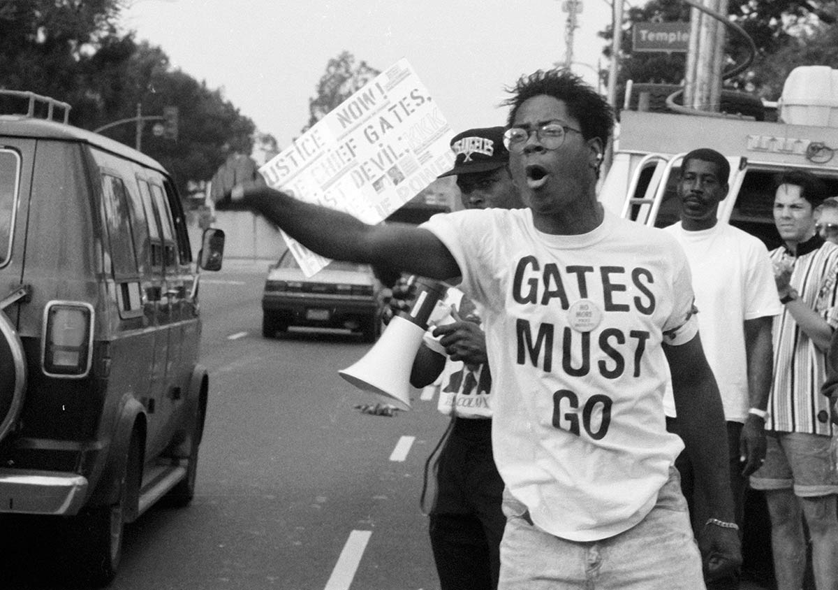 A protester outside the LAPD’s headquarters after the King verdict was announced.