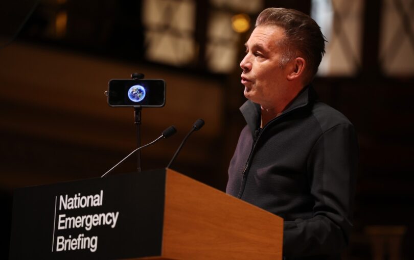Chris Packham addresses the audience at a National Emergency Briefing on the climate and nature crisis, at Central Hall Westminster on November 27, 2025, in London, England.