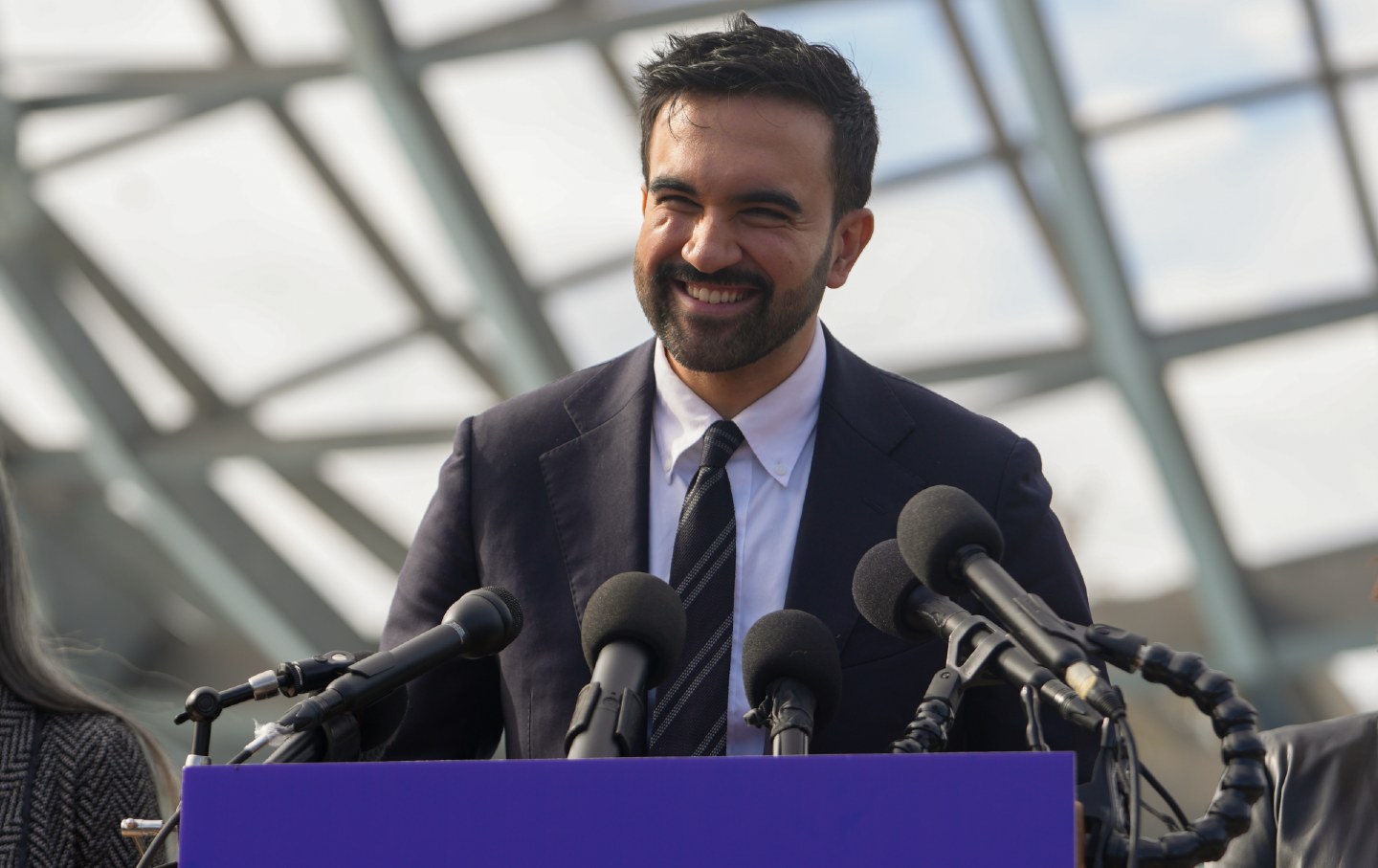 New York City Mayor-elect Zohran Mamdani reacts during a press conference at the Unisphere in the Queens borough of New York City on November 5, 2025.
