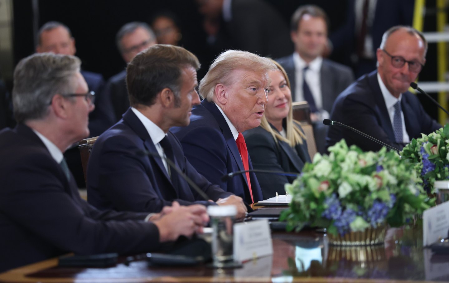 President Donald Trump hosts a meeting with Ukrainian President Volodymyr Zelensky and European leaders at the White House on August 18, 2025.