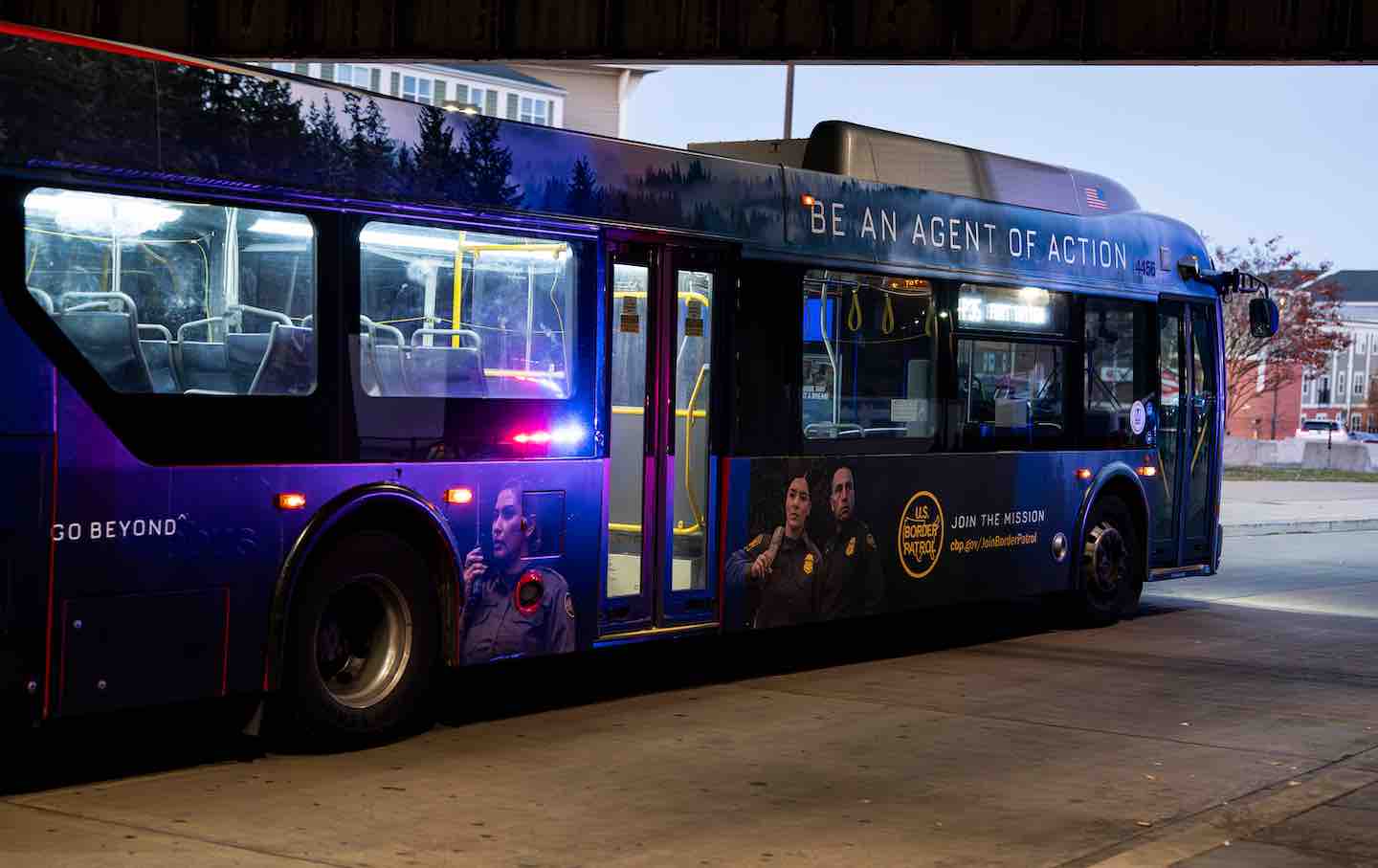 An advertisement for the US Border Patrol on a MetroBus at the Fort Totten Metro station in Washington, DC, 2025.