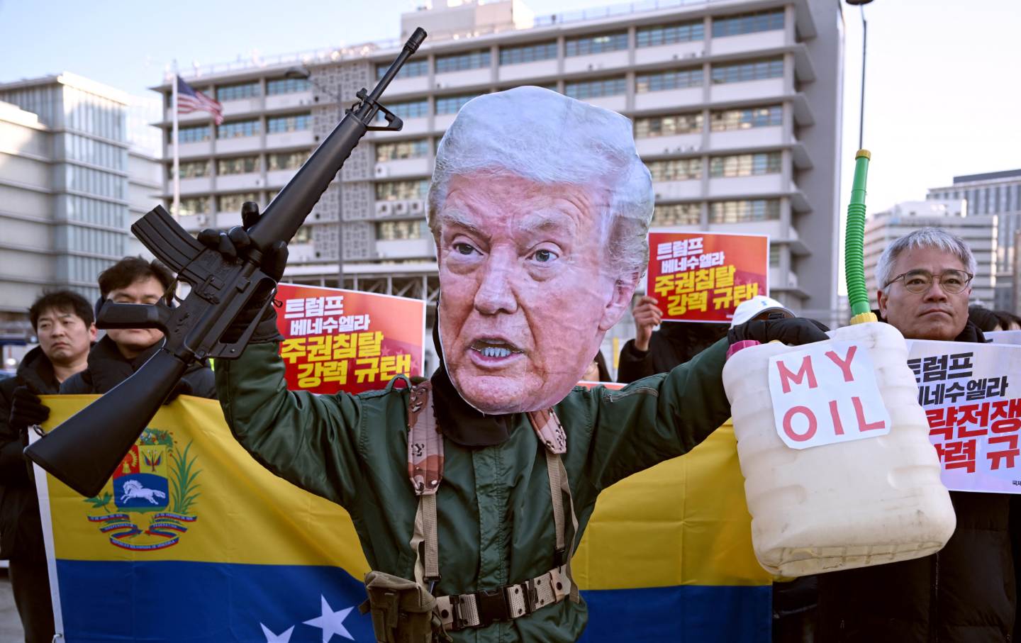 : Protesters participate in a rally near the U.S. embassy to denounce the U.S. attack on Venezuela on January 5, 2026, in Seoul, South Korea.