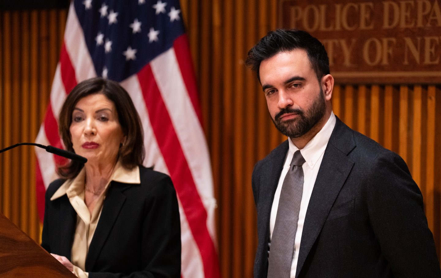 Kathy Hochul, governor of New York, left, and Zohran Mamdani, mayor of New York, during a public safety announcement at 1 Police Plaza in New York, US, on Tuesday, Jan. 6, 2026.