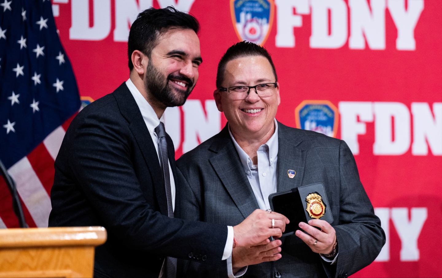 Zohran Mamdani, mayor of New York, left, and Lillian Bonsignore, commissioner of the Fire Department of New York (FDNY), during a swearing-in ceremony at the FDNY headquarters in New York, US, on Tuesday, Jan. 6, 2026.