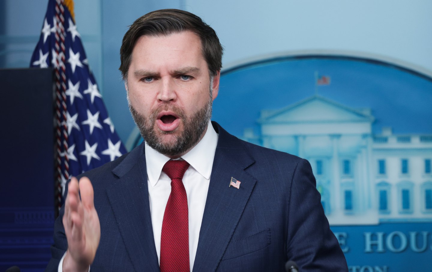 Vice President JD Vance speaks during a news briefing in the James S. Brady Press Briefing Room of the White House on January 8, 2026.