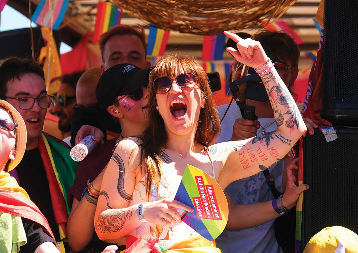 Heidi Reichinnek dances during the Christopher Street Day parade in Leipzig, Germany, on June 28, 2025.