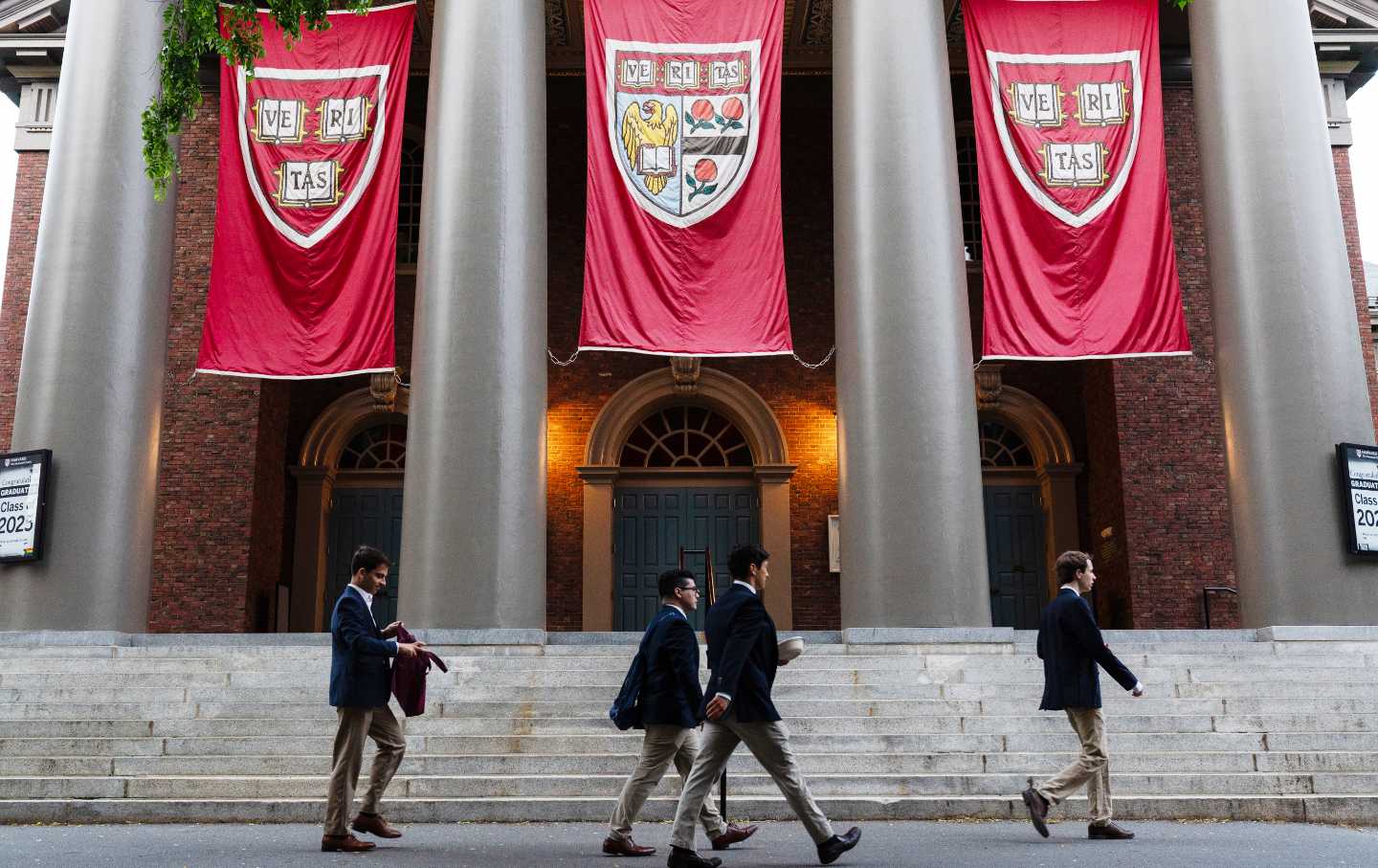 Banners hanging from Memorial Church on the Harvard University campus in Cambridge, Massachusetts.
