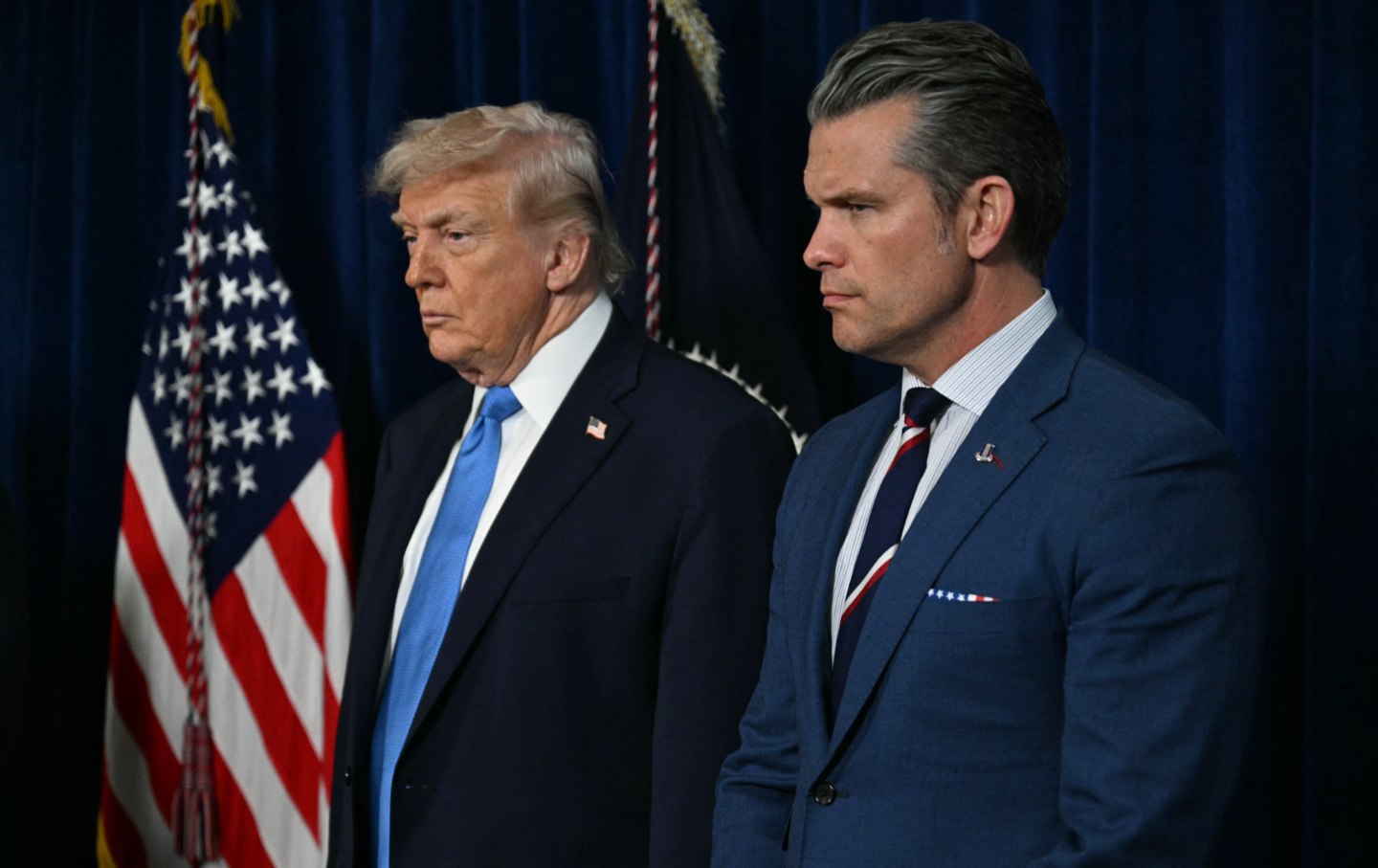 President Donald Trump and Secretary of Defense Pete Hegseth at a press conference following US military actions in Venezuela, at Trump’s Mar-a-Lago residence, on January 3, 2026.