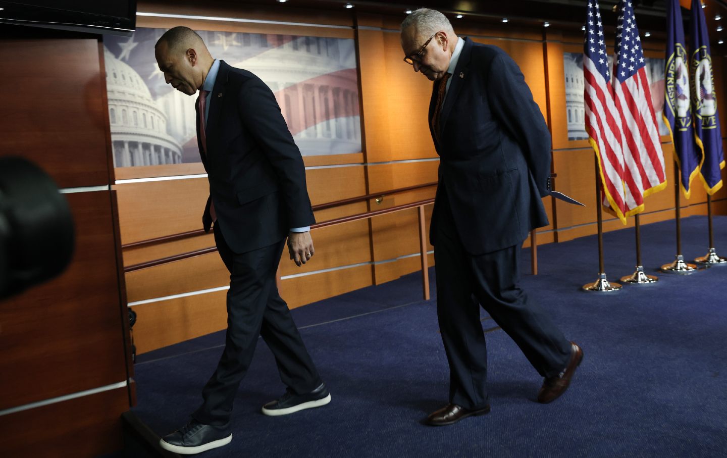 House minority leader Hakeem Jeffries and Senate minority leader Chuck Schumer depart a news conference at the US Capitol on January 8, 2026, in Washington, DC.