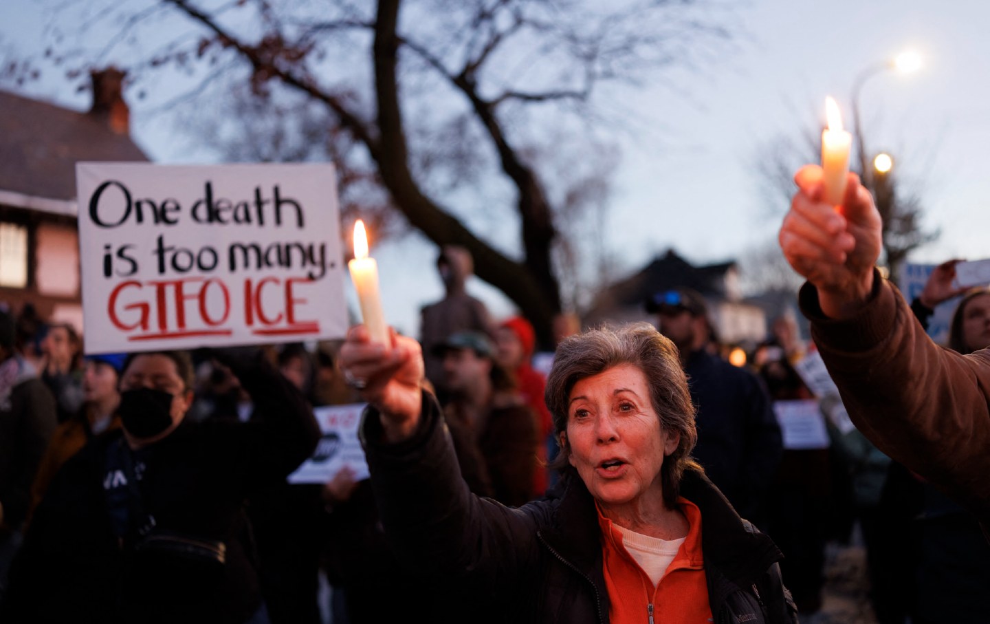 People demonstrate against ICE during a vigil honoring Renée Nicole Good, who was shot dead by an immigration officer earlier in the day in Minneapolis, Minnesota, on January 7, 2026.