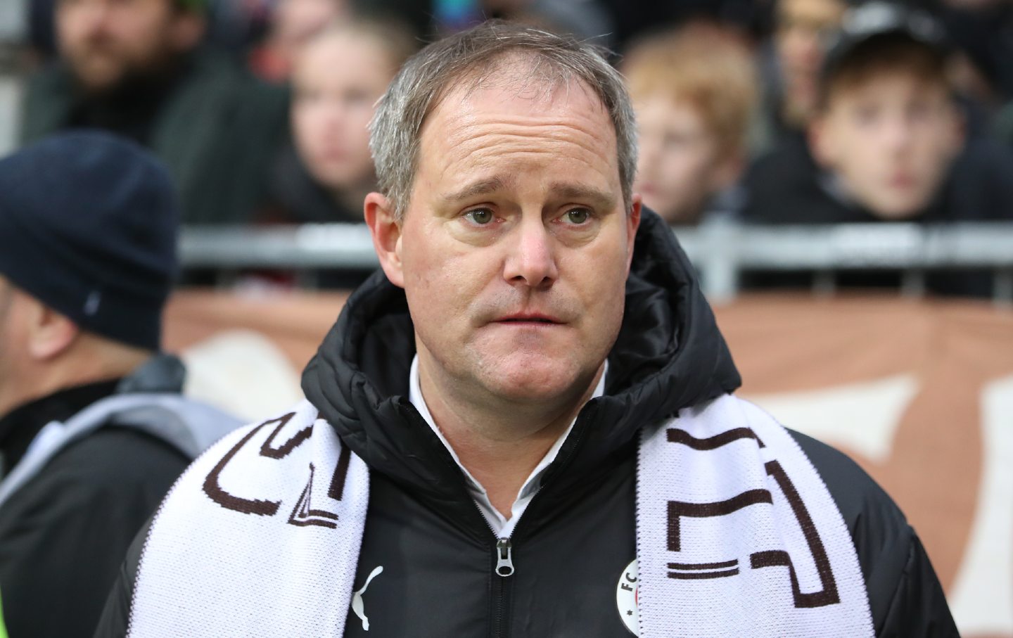 Oke Göttlich, the president of FC St. Pauli, looks on before the Bundesliga match between FC St. Pauli 1910 and FC Bayern München at Millerntor Stadium on November 9, 2024, in Hamburg, Germany.