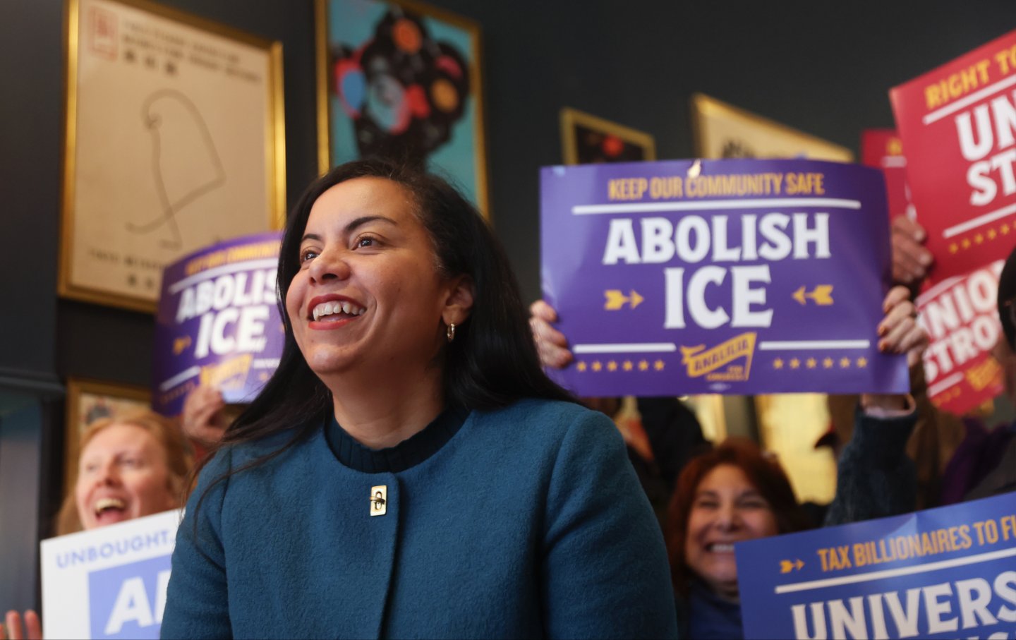 Analilia Mejia, US Democratic House candidate for New Jersey, speaks to supporters and members of the media at Paper Plane Coffee Co. in Montclair, New Jersey, US, on Thursday, Jan. 29, 2026.