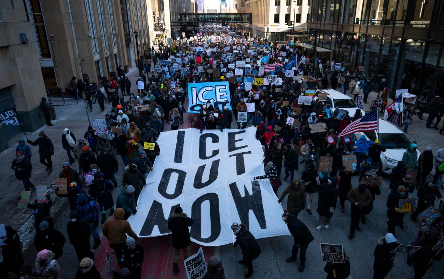 Protesters march during a “Nationwide Shutdown” demonstration against ICE enforcement on January 30, 2026, in Minneapolis, Minnesota.