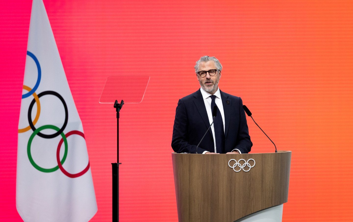Chairman of LA28 Casey Wasserman speaks during the IOC Session at the Main Media Centre MPC at Allianz MiCo on February 3, 2026, in Milan, Italy.