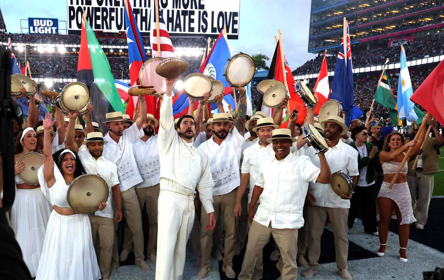 Bad Bunny performs onstage during the Apple Music Super Bowl LX Halftime Show at Levi's Stadium on February 08, 2026 in Santa Clara, California.