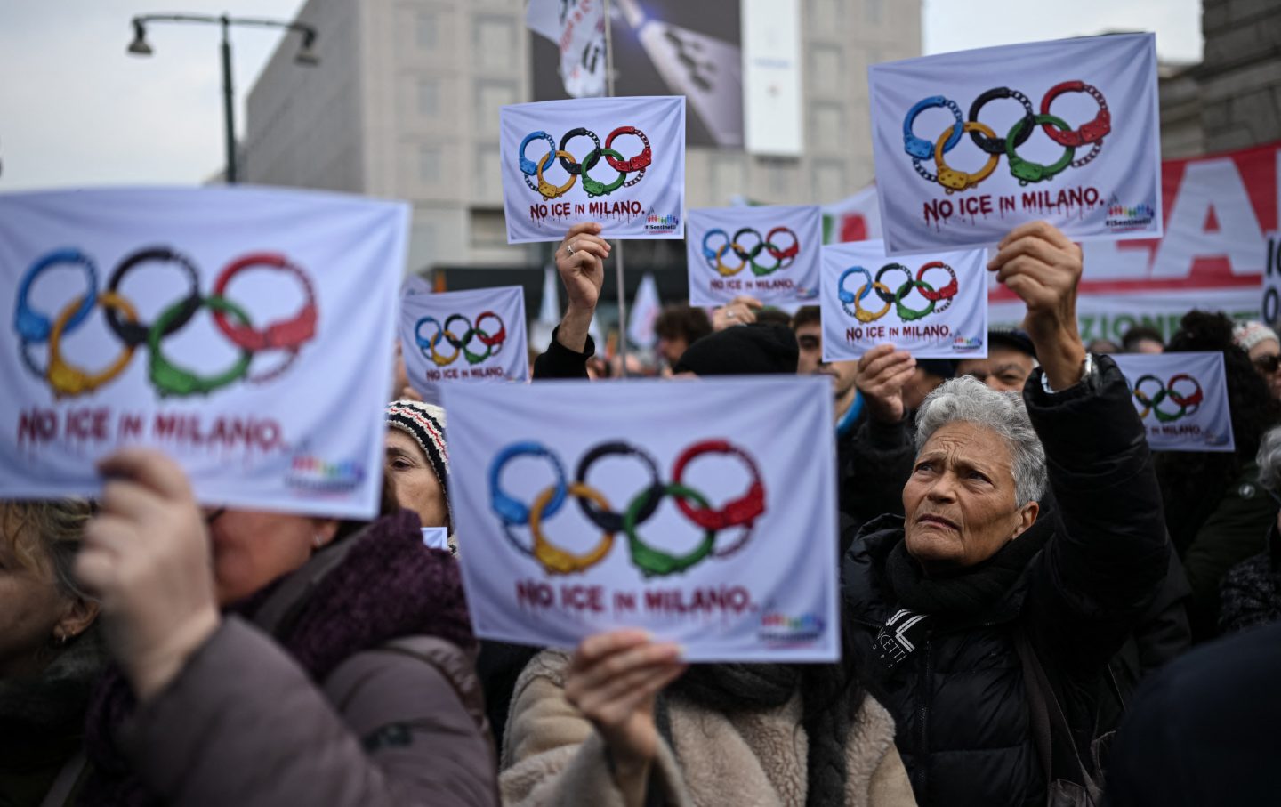People take part in a demonstration against US Immigration and Customs Enforcement ahead of the Milano Cortina 2026 Olympic Games in Milan, Italy, on January 31, 2026.