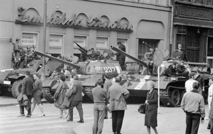 End of the Prague Spring, a period of political liberalization in Czechoslovakia during the era of its domination by the Soviet Union after World War II. A Russian tank patrols in Wenselas Square as locals walk by. August 1968.