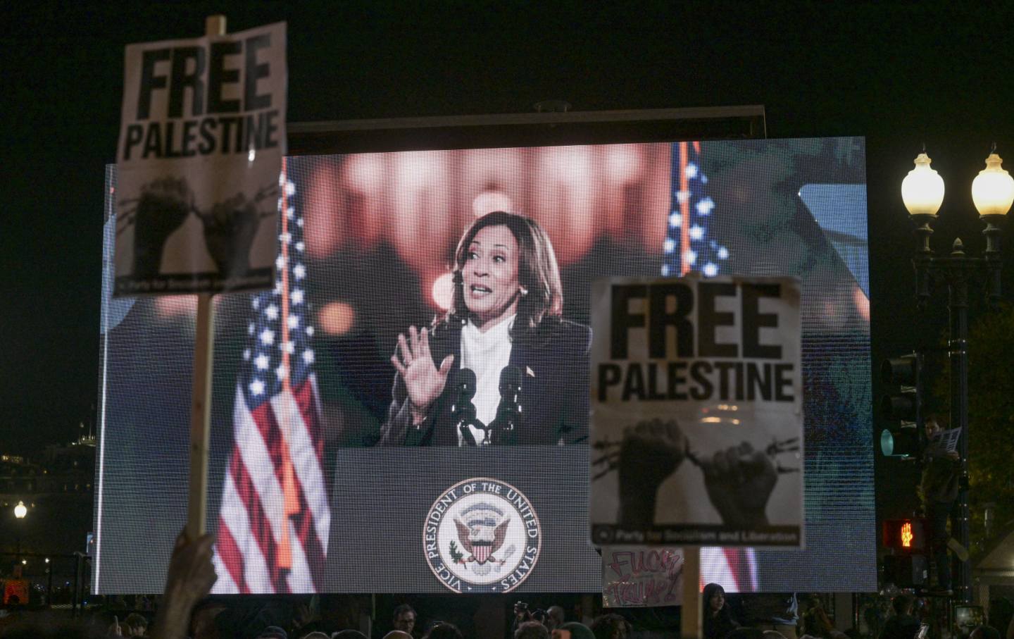 Kamala Harris, campaigning in Washington, D.C., faces protests from hundreds of people expressing disapproval of her administration's Gaza policy, on October 29, 2024.