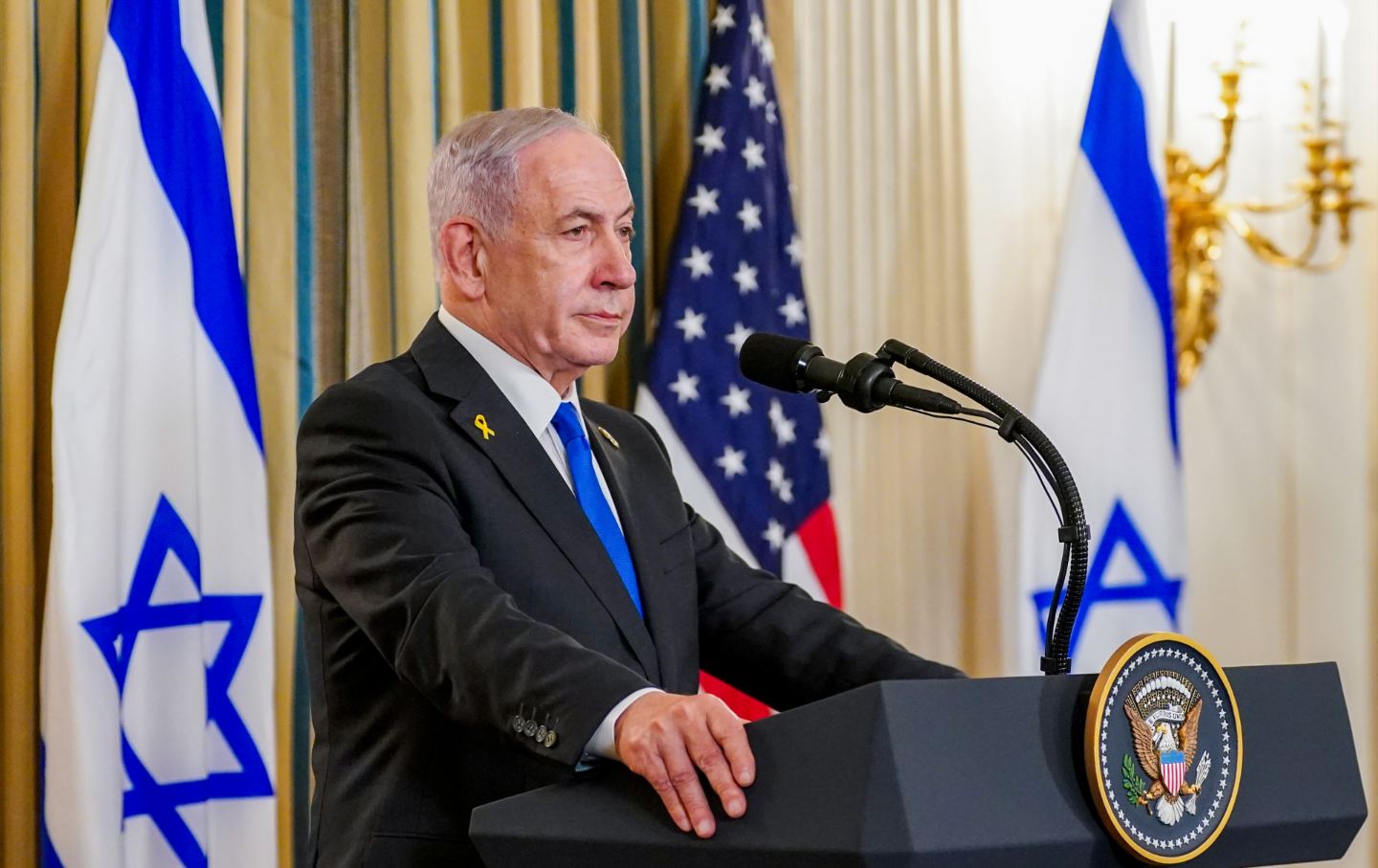 Benjamin Netanyahu, Israel's prime minister, during a news conference with US President Donald Trump, not pictured, in the State Dining Room of the White House in Washington, DC, US, on Monday, Sept. 29, 2025.
