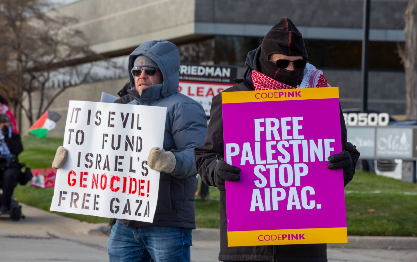 Anti-AIPAC protesters in Farmington Hills, Michigan, on November 10, 2025.