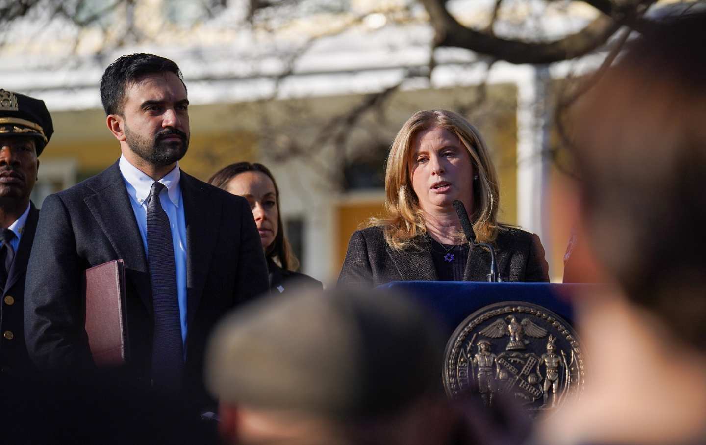 New York Police Commissioner Jessica Tisch briefs the press on the attack outside of Gracie Mansion as Mayor Zohran Mamdani looks on.