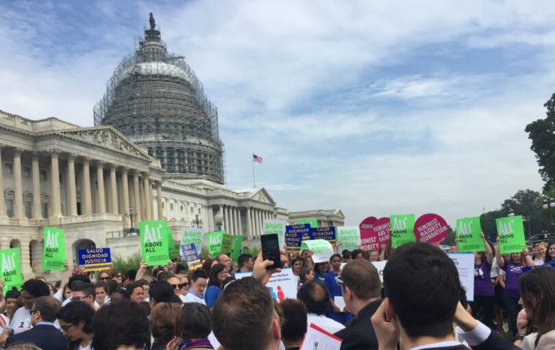 Reproductive justice advocates rallied on the day that Representative Barbara Lee introduced the Equal Access to Abortion Coverage in Health Insurance (EACH) Act on July 8, 2015.