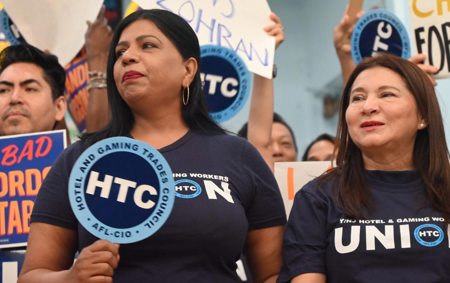 Representatives from the Hotel and Gaming Trade Council attend the celebration of mayoral candidate Zohran Mamdani's primary victory in New York City, on July 2, 2025.