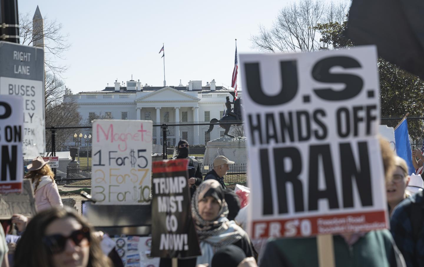 Anti-war demonstrators gathered outside the White House in Washington, D.C., to protest the US and Israeli bombardment of Iran on February 28, 2026.