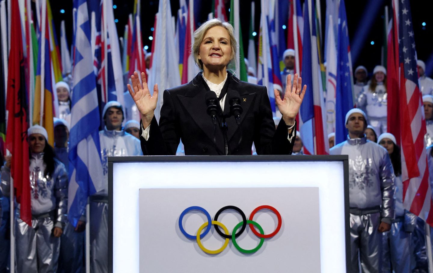 IOC president Kirsty Coventry speaks during the Olympic opening ceremony at the 2026 Winter Olympics, in Milan, Italy, Friday, Feb. 6, 2026.